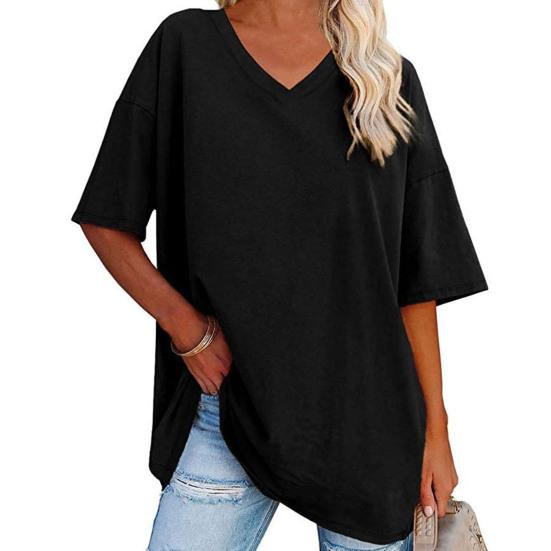 Tričko s výstřihem do V, krátký rukáv, prodyšné, dámské, jednobarevný, volný svetr, streetwear