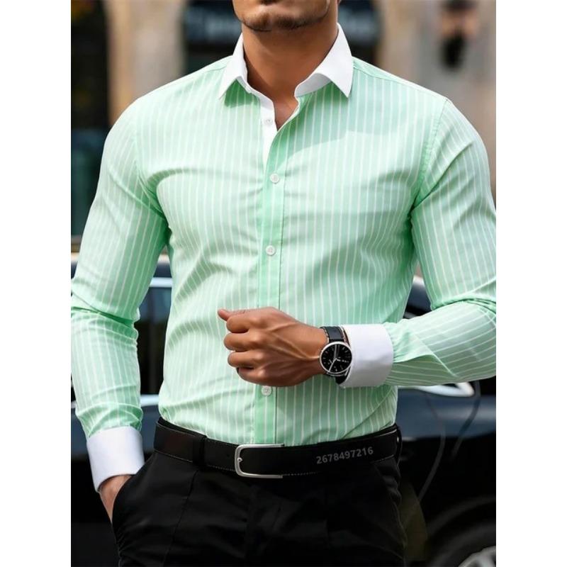 Camicia da Uomo a Maniche Lunghe con Strisce Verticali Colletto a Contrasto Top Casual Formale