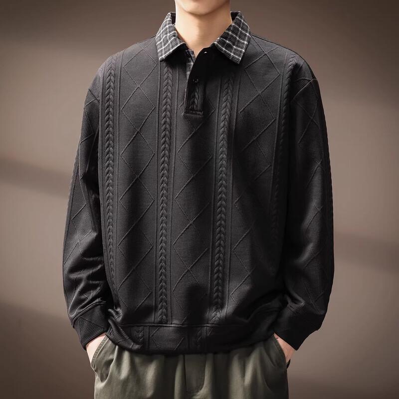 Men's Faux Two-Piece Wheat Texture Long Sleeve Polo Sweatshirt