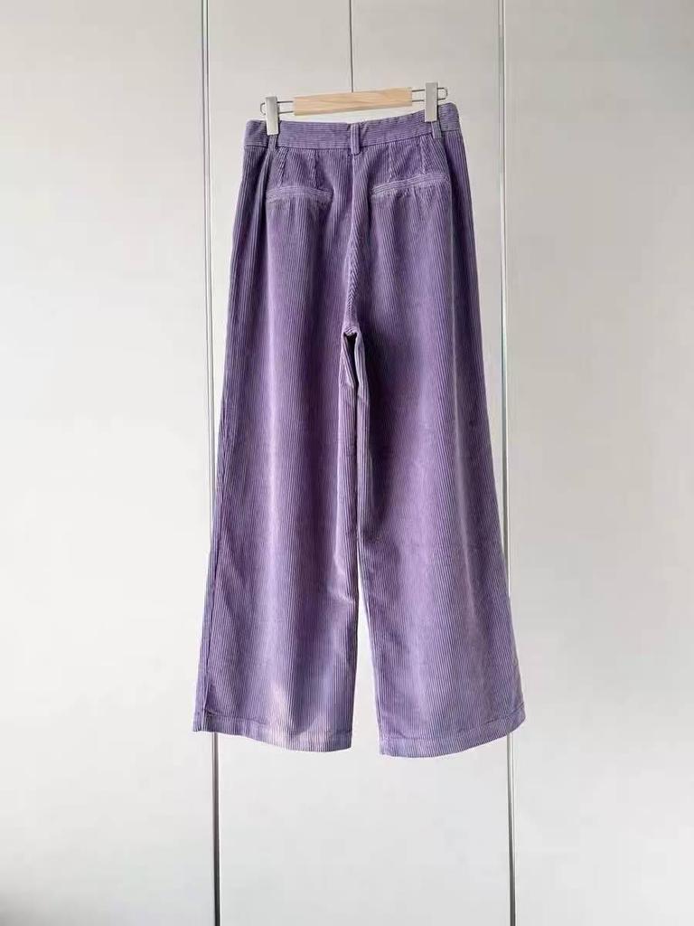 Yang Caiyu Inspired Lavender Corduroy High-Waisted Wide-Leg Pants - Autumn/Winter Retro French Style