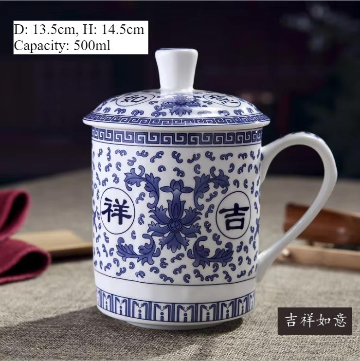 Jingdezhen Blue and White Porcelain Mug 500ml Chinese Dragon with Lid for Office Tea and Coffee