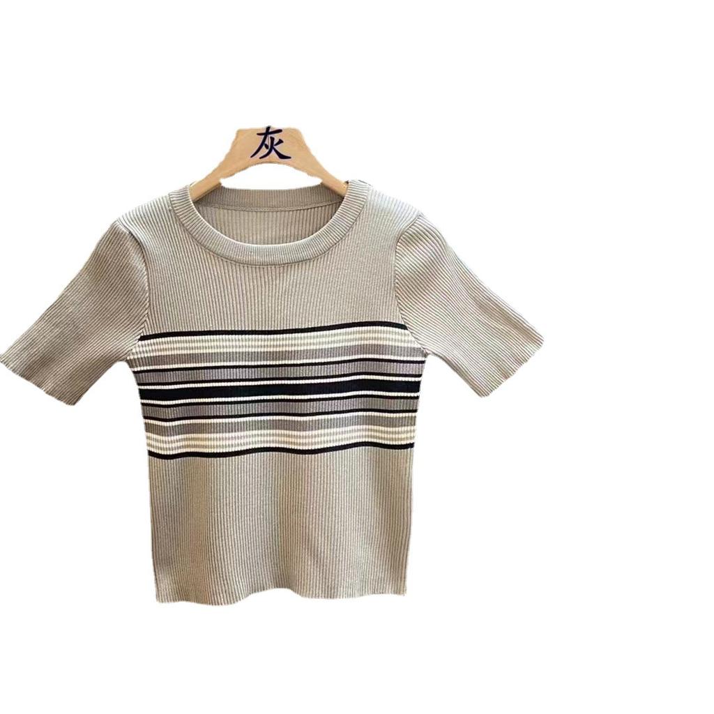 Striped Color Collision Round Neck Knit Short Sleeve T-shirt Women Summer Short Bodycon Design Niche Tops Casual Essential Slim Fit Pullovers Tees