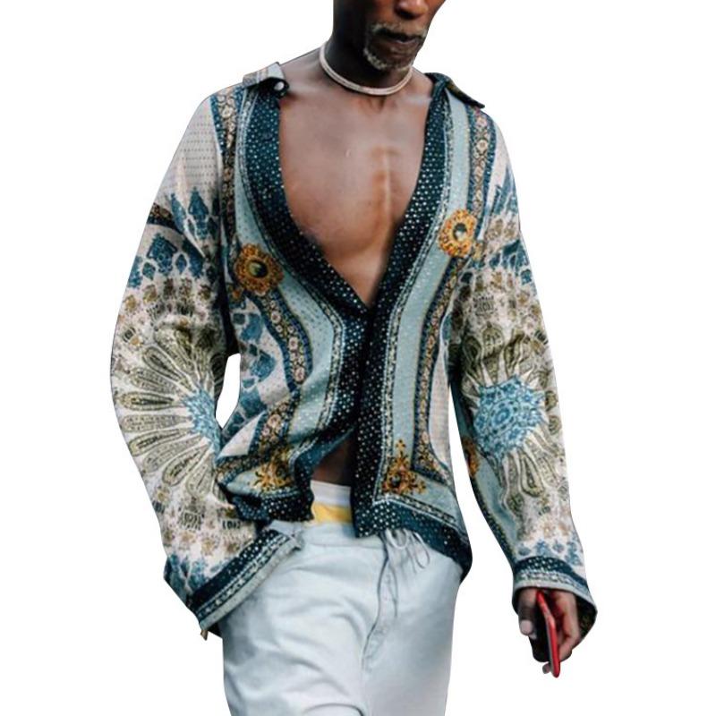 Men Casual Loose Printed Long Sleeve Turn Down Collar Shirt