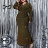 Dámské večerní šaty plus size s výstřihem do V, dlouhým rukávem, vysokým pasem, přiléhavé dlouhé šaty, jednobarevné lesklé šaty s rybím ocasem