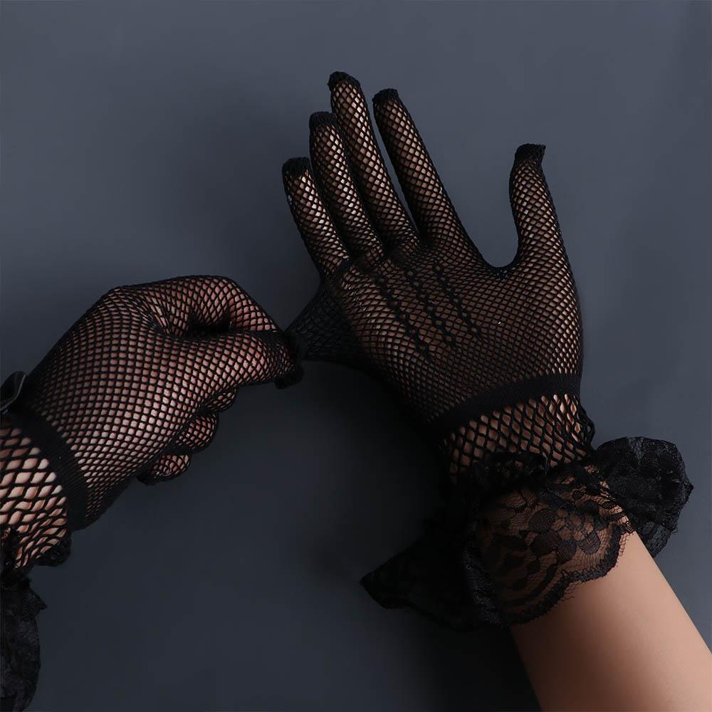 Elegant Anti-UV Bow Crystal Fishnet Lace Wedding Gloves Women Driving Gloves Sun Protection Mittens