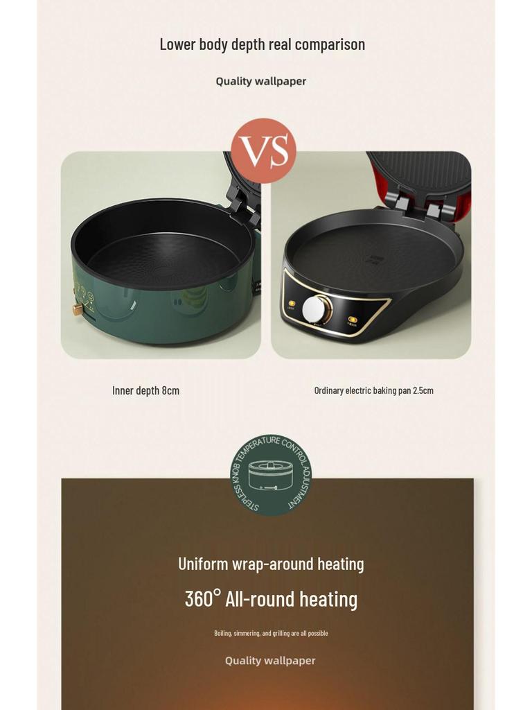 Deep Dish Electric Crepe Maker with Dual-Sided Heating - Large, Multifunctional Pan for Pancakes, Grilling, Baking, and Frying