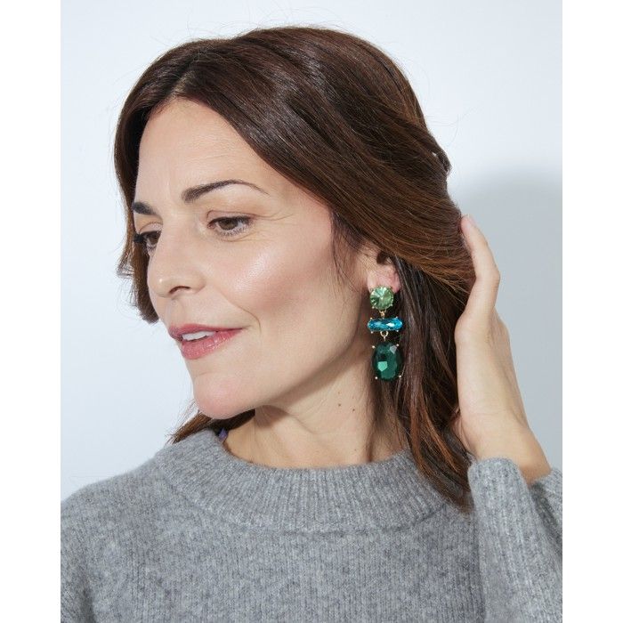 Boucles d'oreilles - LUXENTER - Mekon - Plaqué or 18k - Cristal vert - 56,5 mm