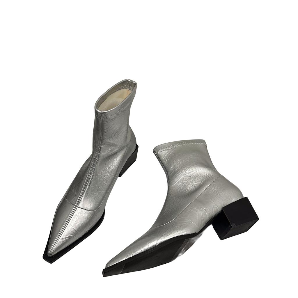 Thick Heel Pointed Head Thin Foreign Style Small Short Boots Women's Shoes 2025 New Silver French Temperament Spring and Autumn Single Boots