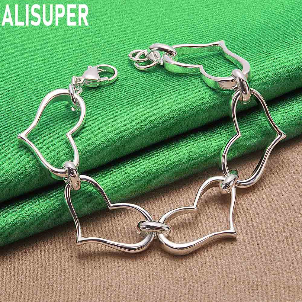 925 Sterling Silver Openwork Heart Side Chain Exquisite Bracelet Gift Jewelry