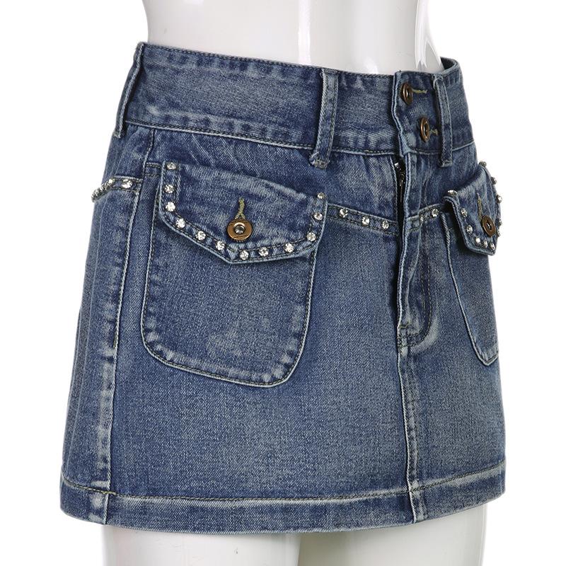 Vintage Diamonds Denim Mini Skirts Aesthetic Korean Kawaii Low Rise Skinny Wrap Bodycon Jeans Penceil Skirt Women Streetwear