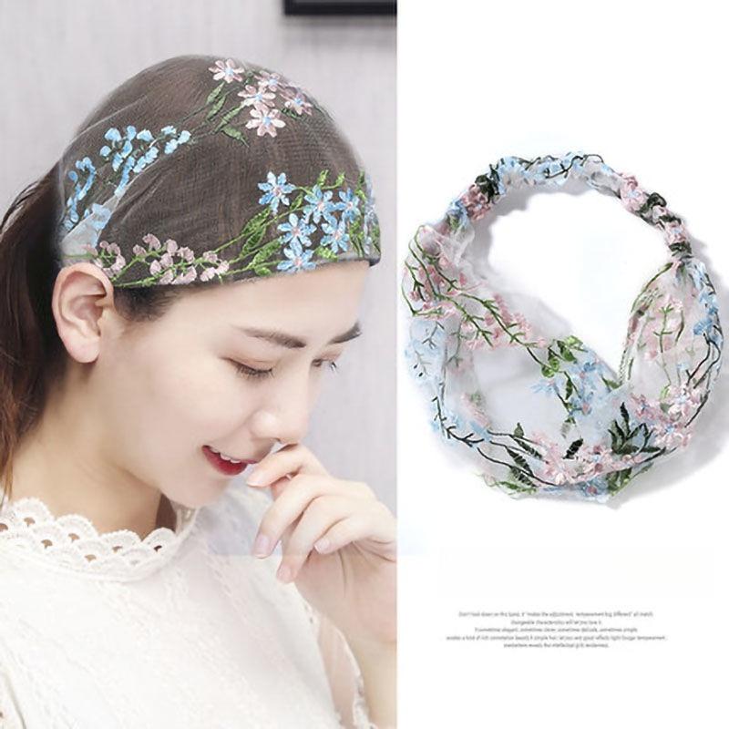 Lace Mesh Breathable Flower Headband Wide Floral Hairband Elastic Turbans Bandana Hair Accessories for Women