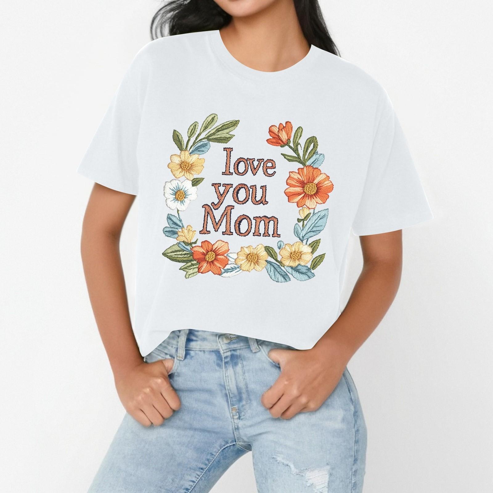 

LOVE YOU MOM Women s Casual Mother s Day Print Loose T-shirt Round Neck Pullover Short Sleeve Top XL білий