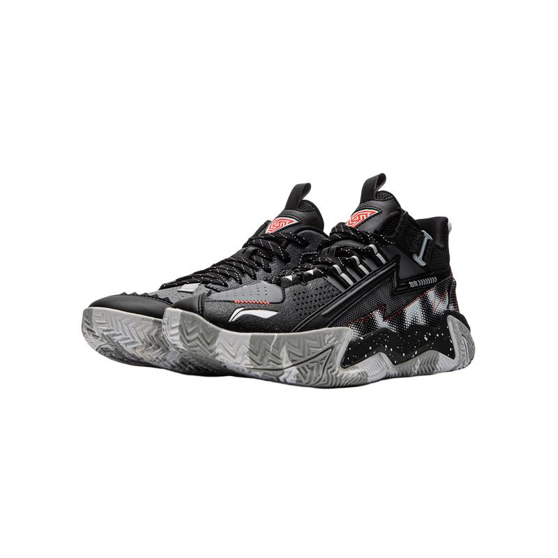 Li Ning Kids Basketball Synthetic Leather Fabric Bloom Trendy Comfortable Non-Slip Basketball Shoes Kids sneaker Black Shadow-Gray YKBU082-11