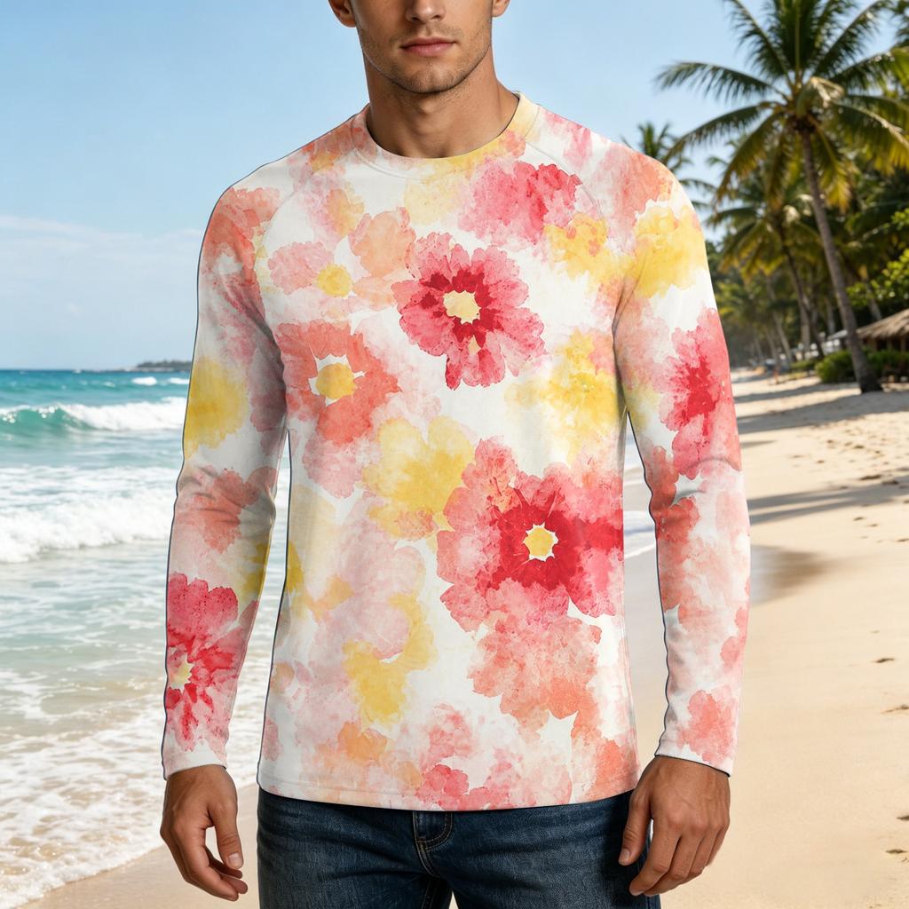Men Long Sleeve UPF50 Plus Sun Protection Shirt UV Blocking Outdoor Sports Fishing Casual Top Floral Print Lightweight Fabric