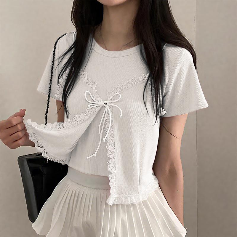 ZANZEA Women Casual Round Neck Short Sleeve Lace Splice Fake Two Piece Splice T-Shirts