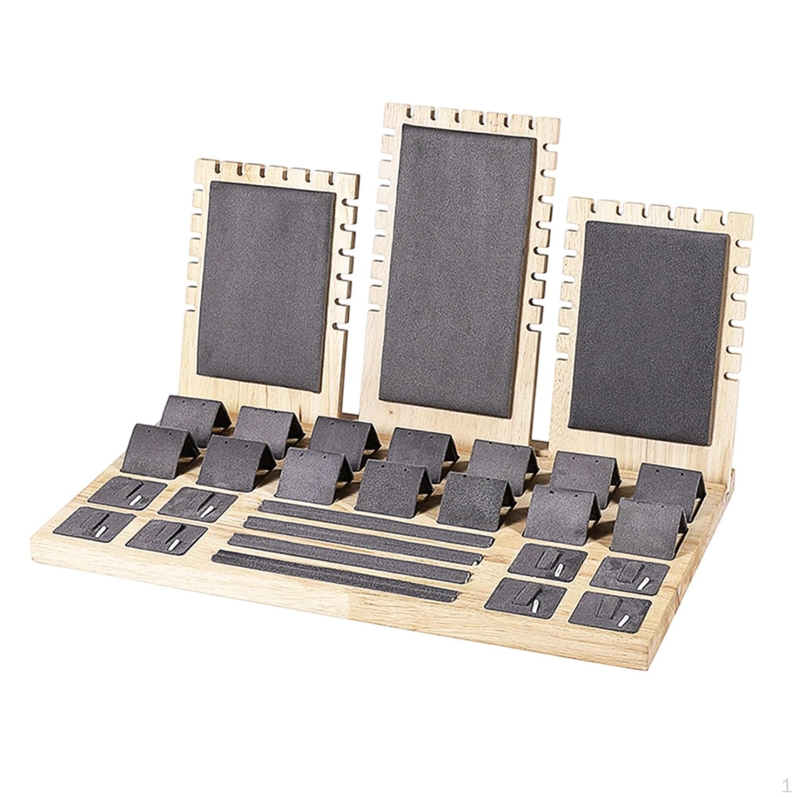 Wood Jewelry Display Rack MultiSection Band and Earring Stand SuedeLike Gray SET