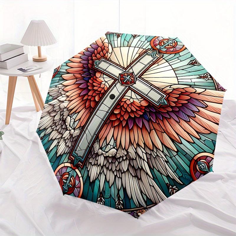Stained Glass Cross with Angel Wings Wall Art Decor Umbrella, Cute Umbrella with Cute Design, Portable 3-Fold Compact Umbrella for Men & Women, Valent