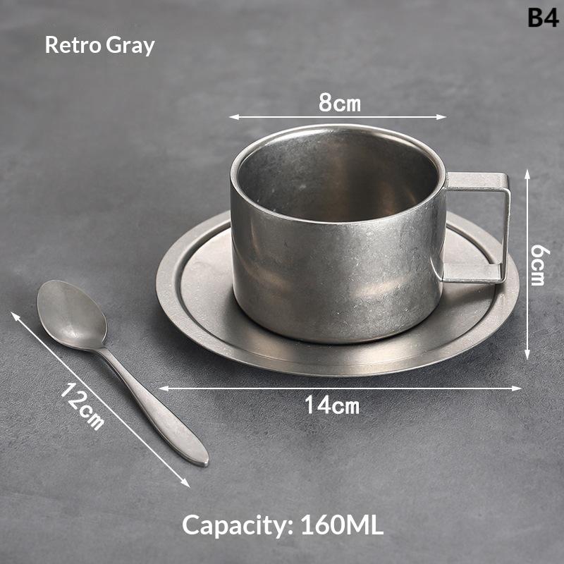 Tasse à café en acier inoxydable 170/200/250/280 ml Tasse à lait et ensemble soucoupe Avec sous-tasse Tapis Cuillère Poignée Facile à nettoyer et réutilisable