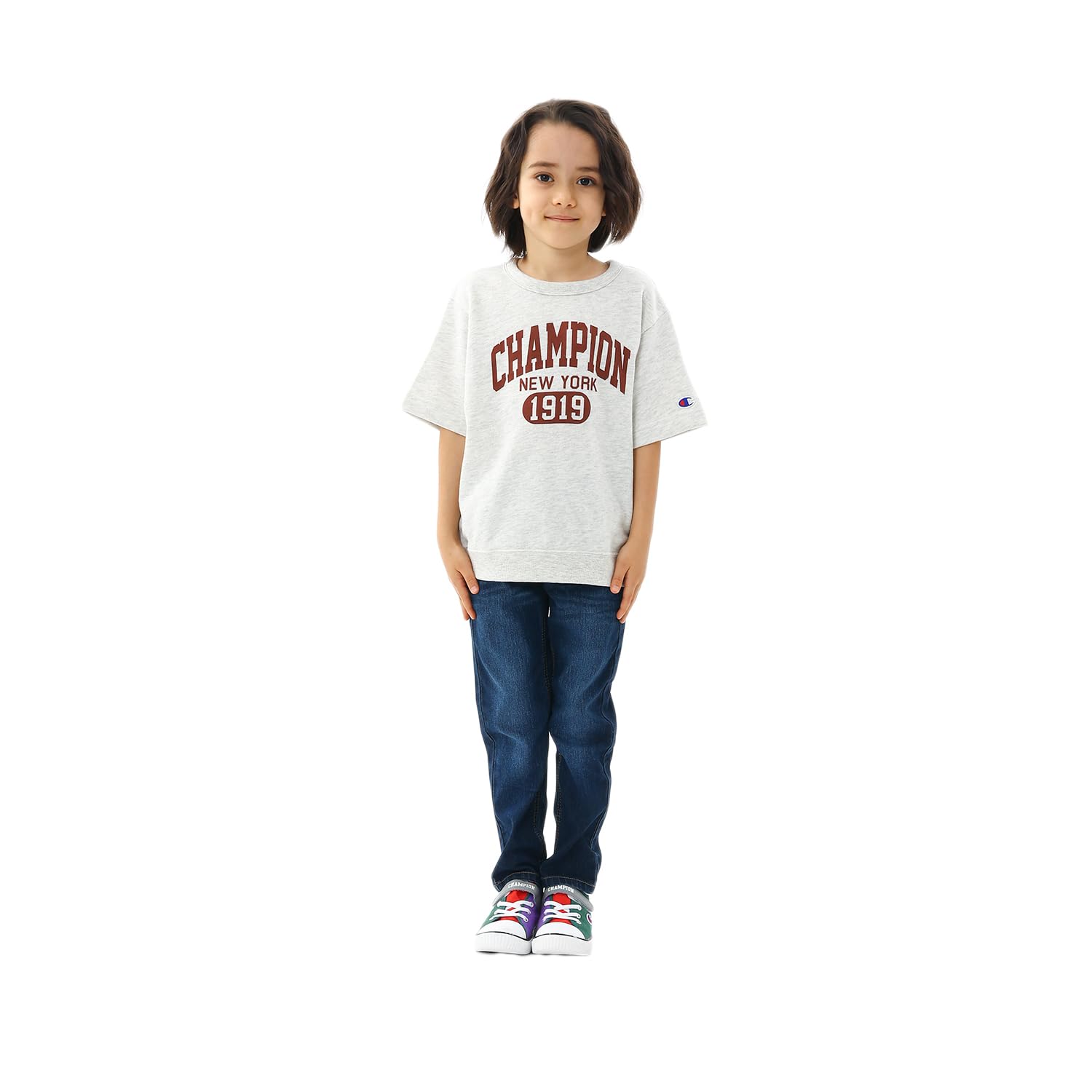 

Champion Short Loose Graphic Logo Print Oatmeal Kids Sweatshirt, Sleeve, 100% Cotton, Fit, Sweatshirt, CKSZ001Z,