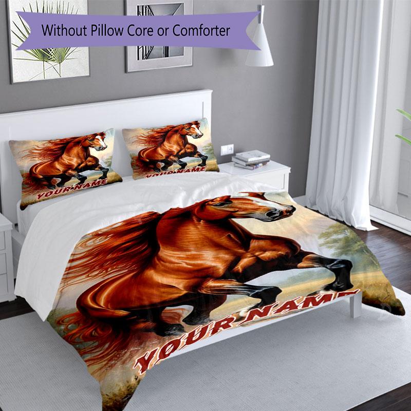 3PC Custom Name Rustic Horse Freedom Run Bedding Set Duvet Cover Closure Includes 1 Duvet Cover & 2 Pillowcases for Bedroom