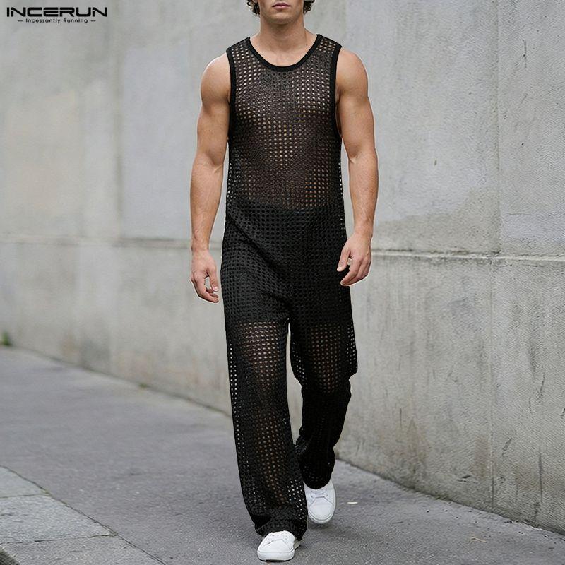 INCERUN Summer Men Beach Sets Sleeveless Hollow Tops Elastic Waist Pants Two-piece Suits