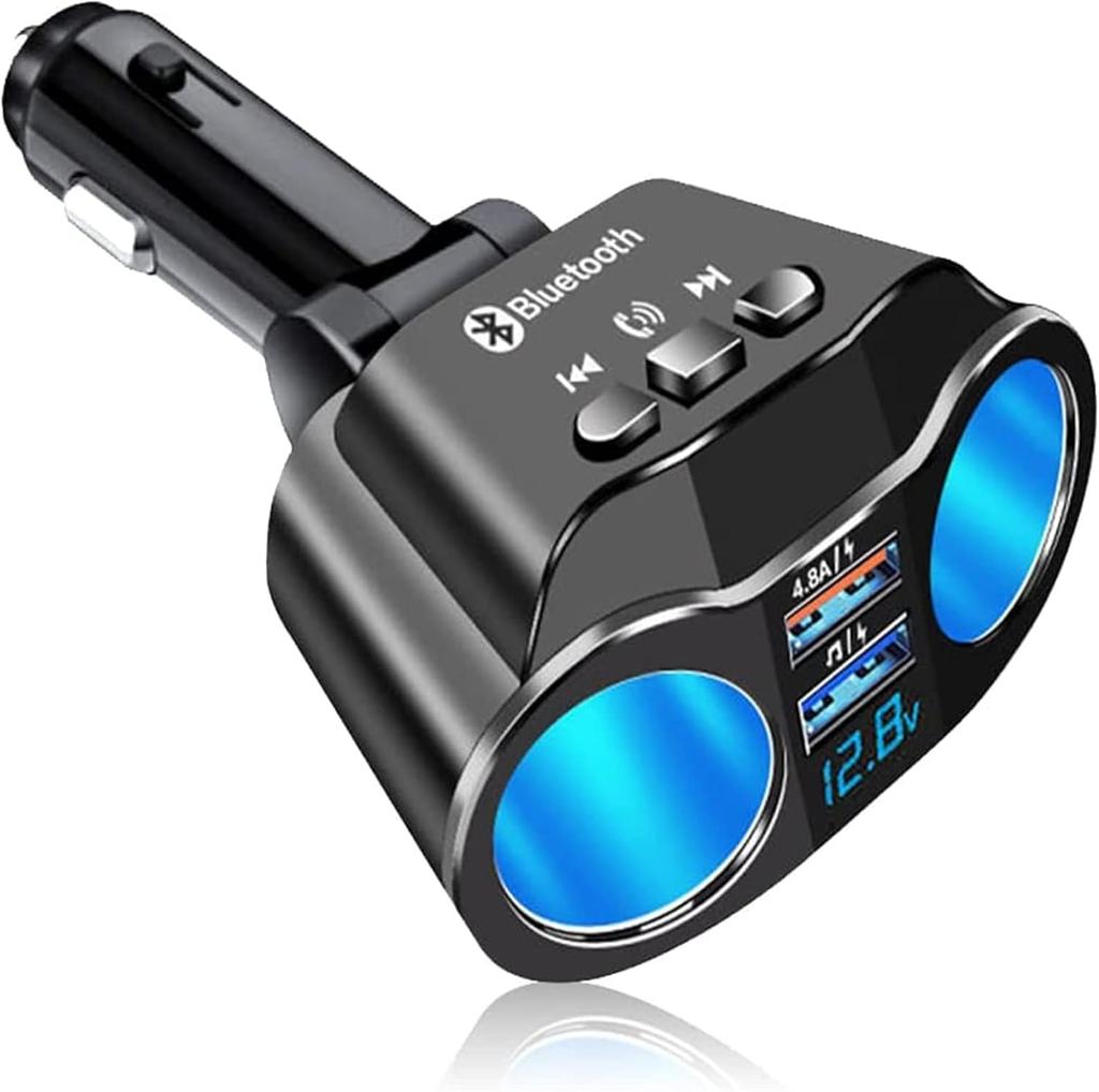 Bluetooth FM Transmitter Car Adapter, 2-Socket USB Charger, Hands-Free, Voice Control with Siri & Google