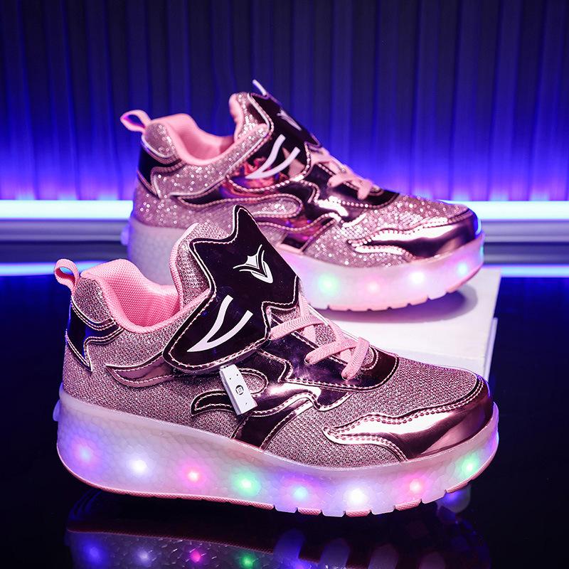 New Skates Children's Pulley Shoes Button Sneakers USB Charging Light Shoes Boys Luminous Shoes