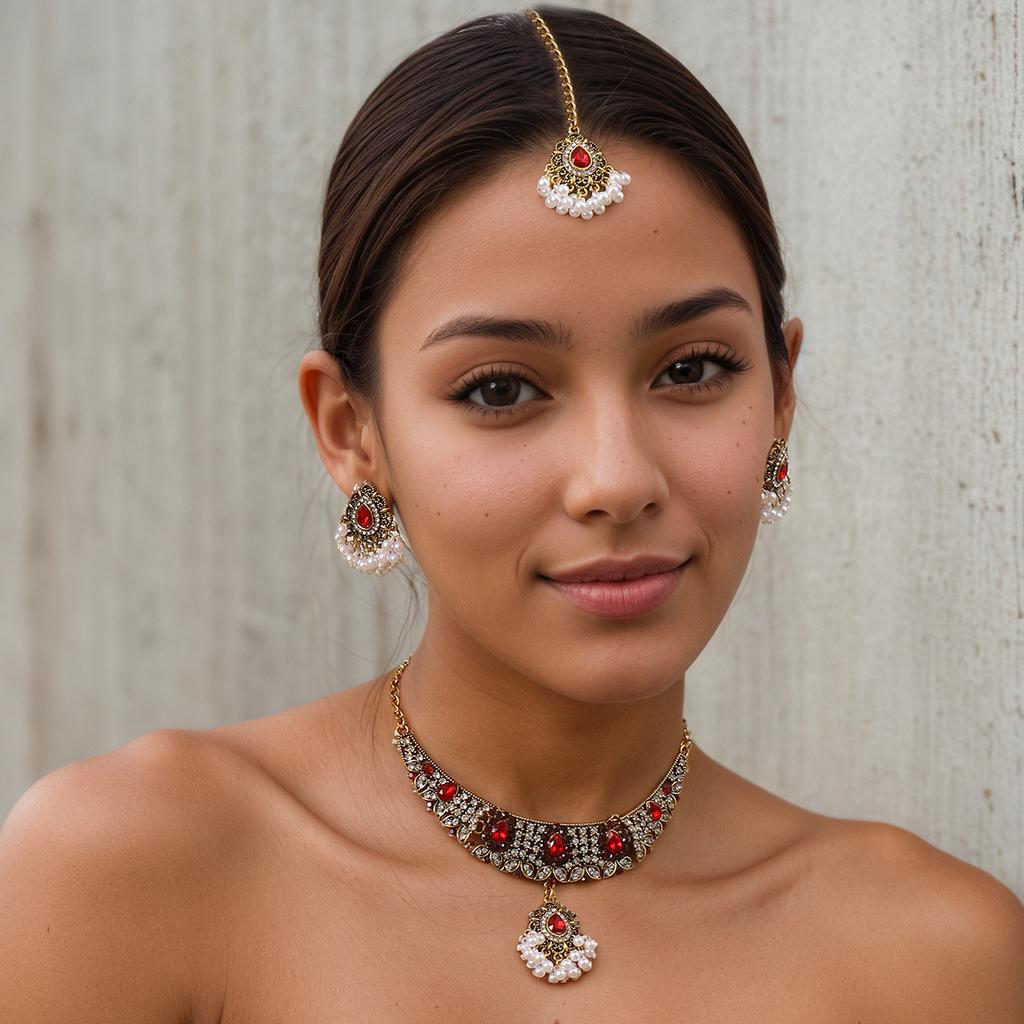 Indiase Strass Kwast Ketting en Oorbellen Set, 3-delige Etnische Mode Sieraden