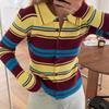 Chic Fall Slim Fit Striped Knit Cardigan Retro Youthful Long Sleeve Top Women