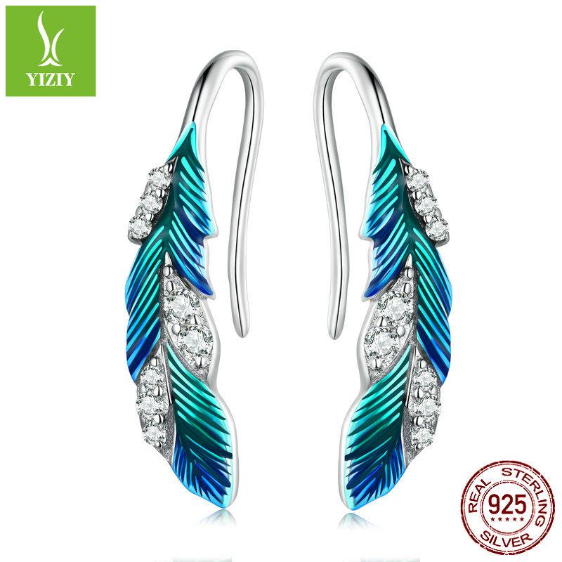 Dazzling Blue Feather Earrings, Ring Jewelry Set, Exotic Ethnic Style S925 Sterling Silver Earrings.