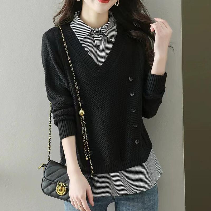 Fake Two Piece Knit Sweater Women's Splice Shirt Collar Spring Autumn Korean Loose Long Sleeve Sweater Brown Shirt