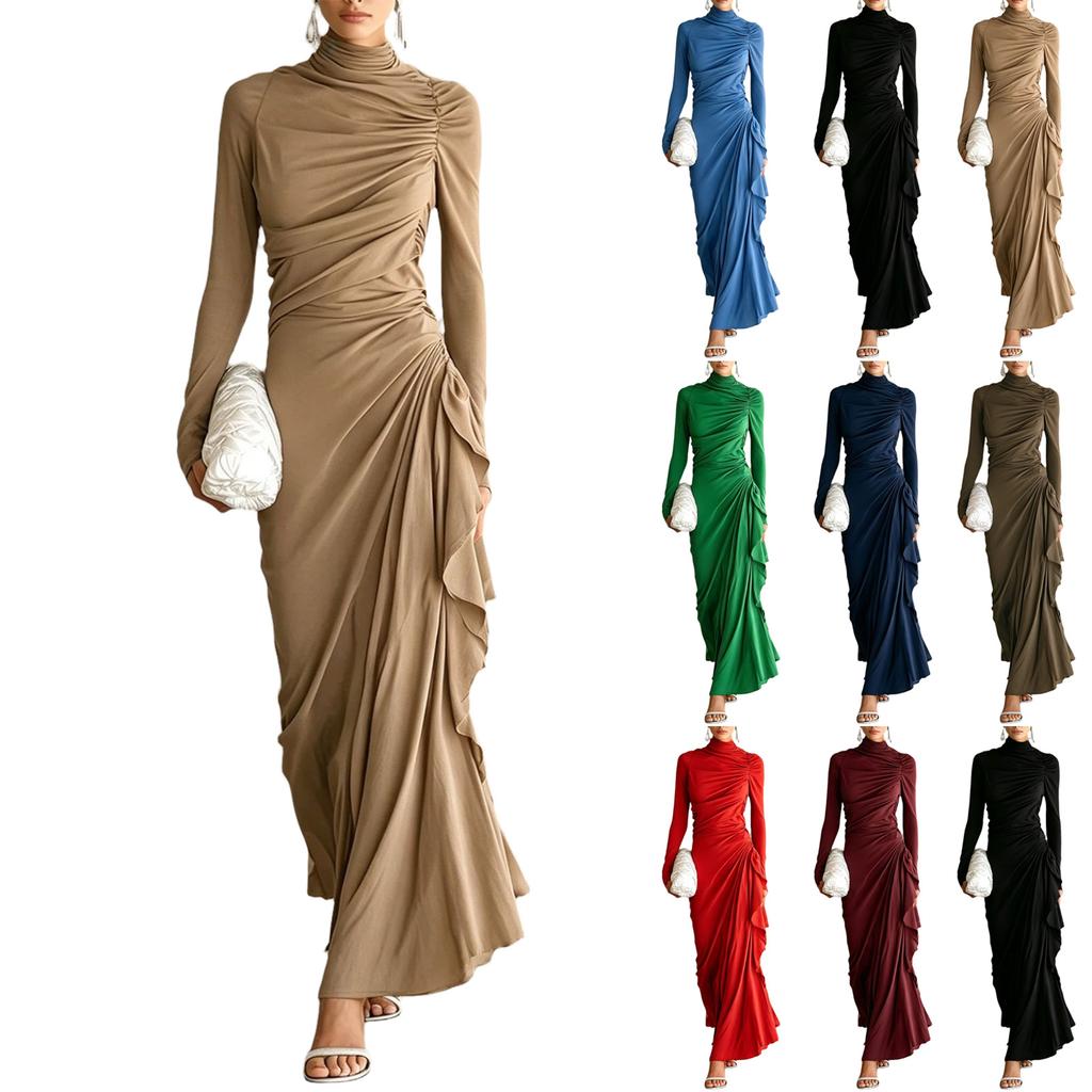 Women's Elegant High Neck Long Sleeve Bodycon Formal Evening Dress with Pleated