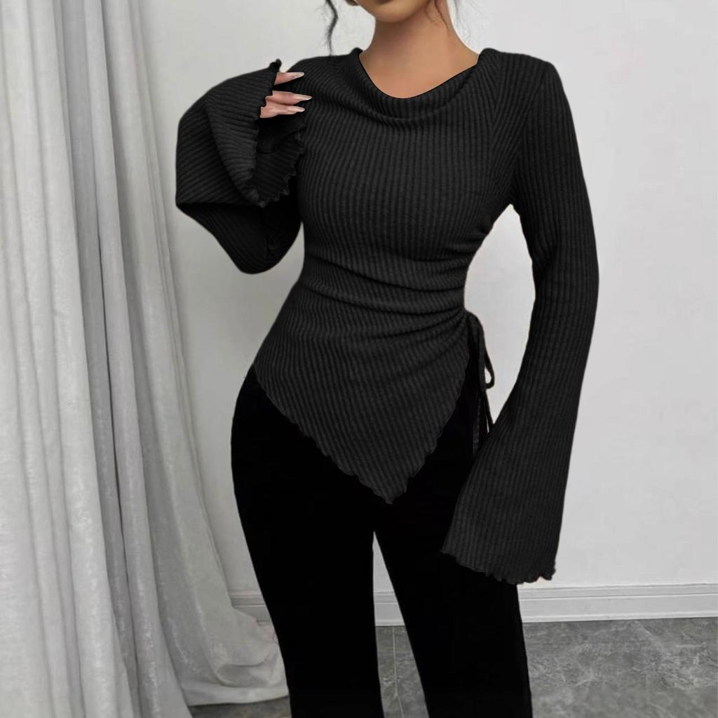 Women's Fashionable Casual Long-Sleeved Solid Color Irregular Hem Flared Sleeves Drawstring Design Slim Fit Pullover Round Neck T-Shirt Top