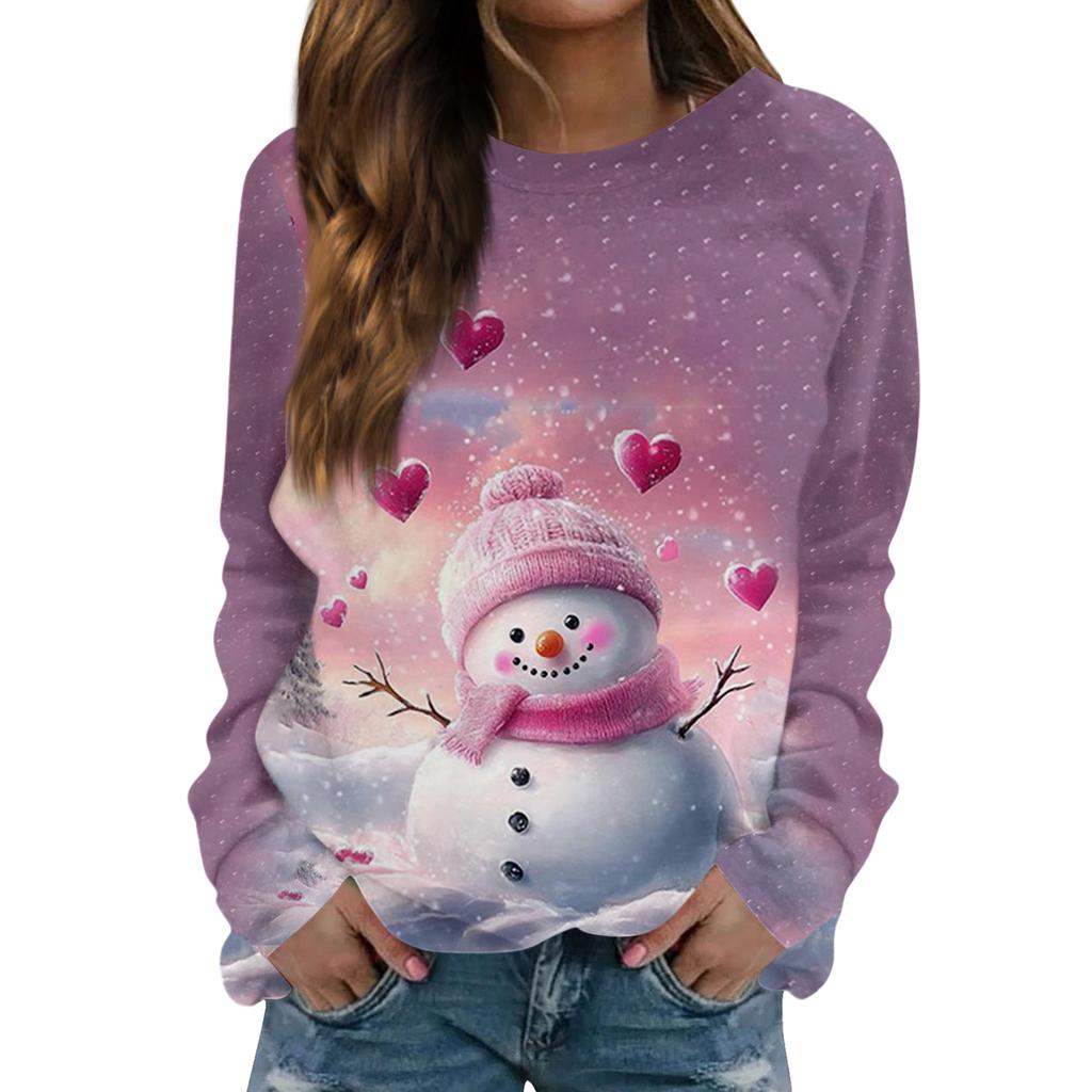 Dámské módní ležérní tričko s dlouhým rukávem s retro vánočním potiskem sněhuláka a kulatým výstřihem