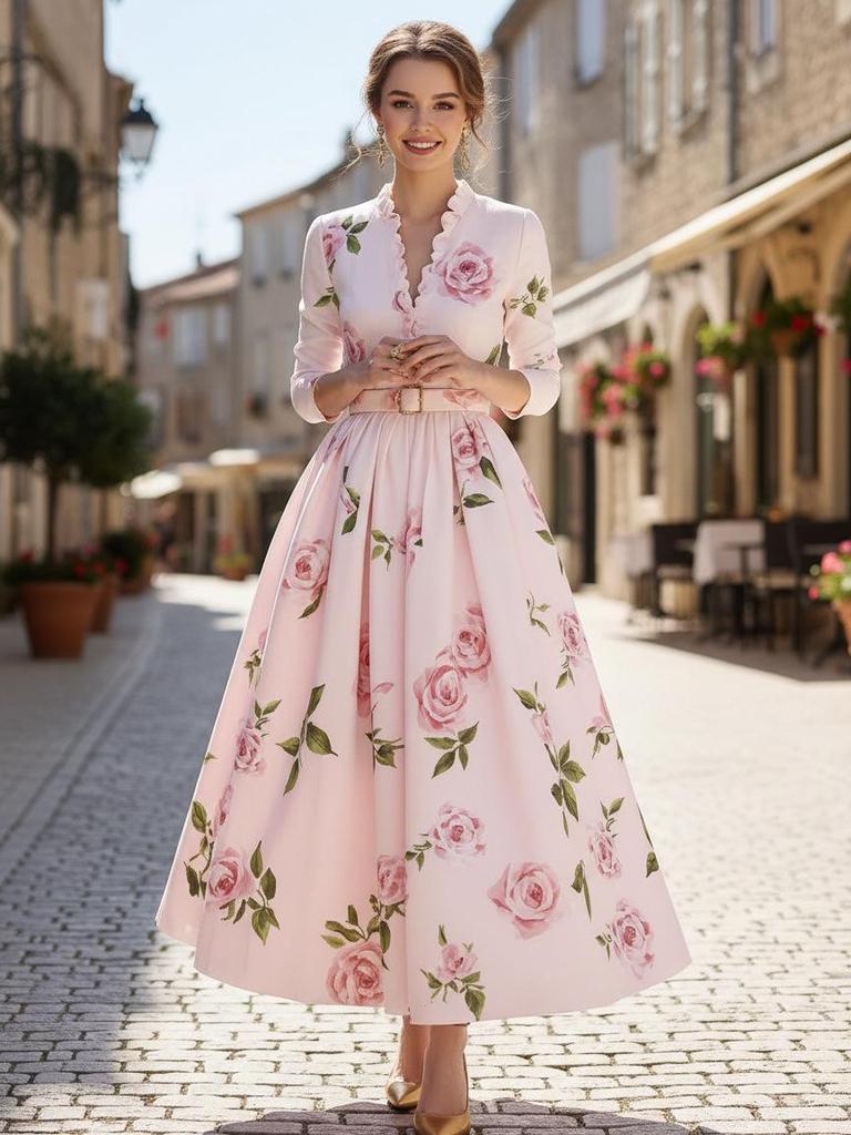 Artistic Retro V-Neck Waist-Cinching Long-Sleeve A-Line Women's Dress