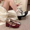 French Ballet Mary Jane Single Shoes Silver Thick Heel High Heels Temperament with Skirt Small Leather Shoes Jk