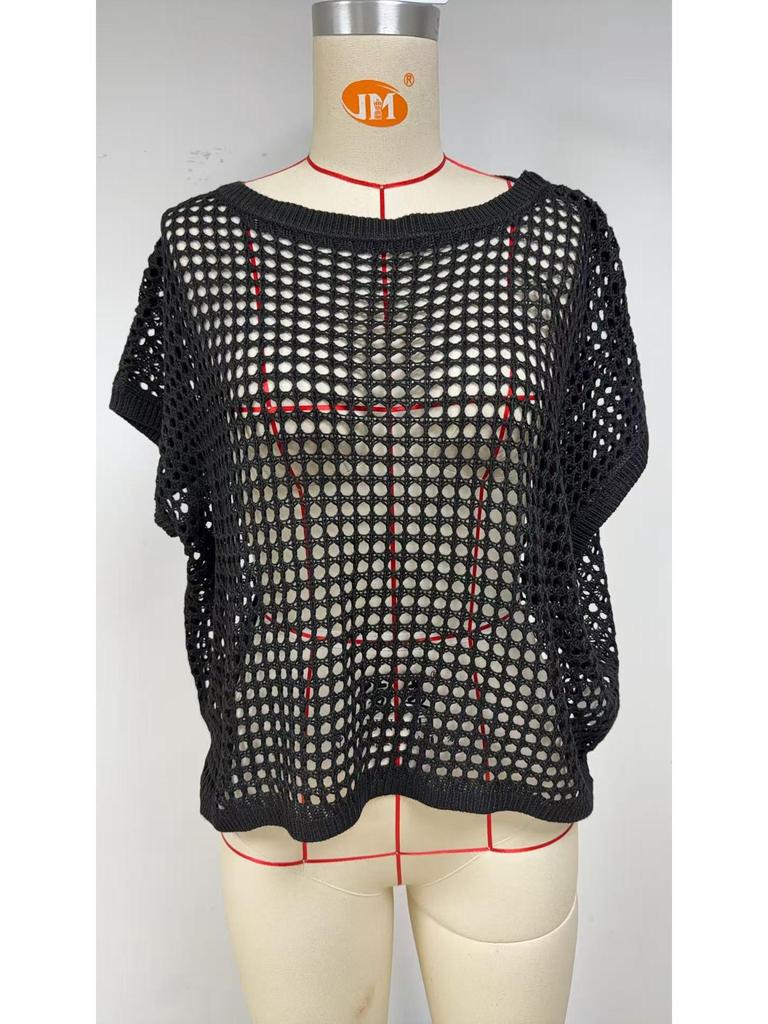 2025 Summer Women's Five-Sleeve Sexy Cutout Knit Beach Cover-Up Sweater