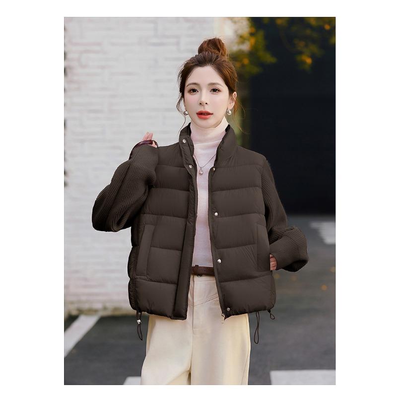 Women Short Cotton Jacket Stand Collar Long Sleeve Solid Color Casual Winter Coat