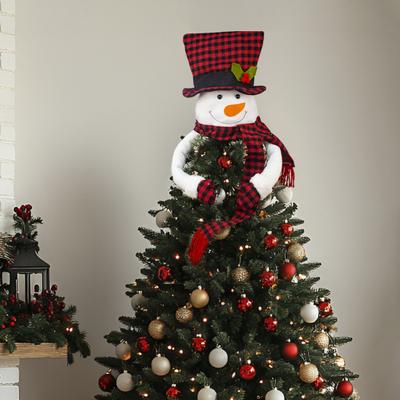 Christmas Snowman Tree Topper Large Plush Snowman Treetop Hugger with Red Black Plaid Top Hat Scarf Xmas Tree Ornament