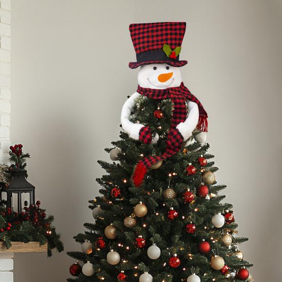 Weihnachts Schneemann Baumspitze Großer Plüsch Schneemann Baumspitzen Umarmung mit Rot Schwarz Kariertem Zylinder Schal Weihnachtsbaumschmuck