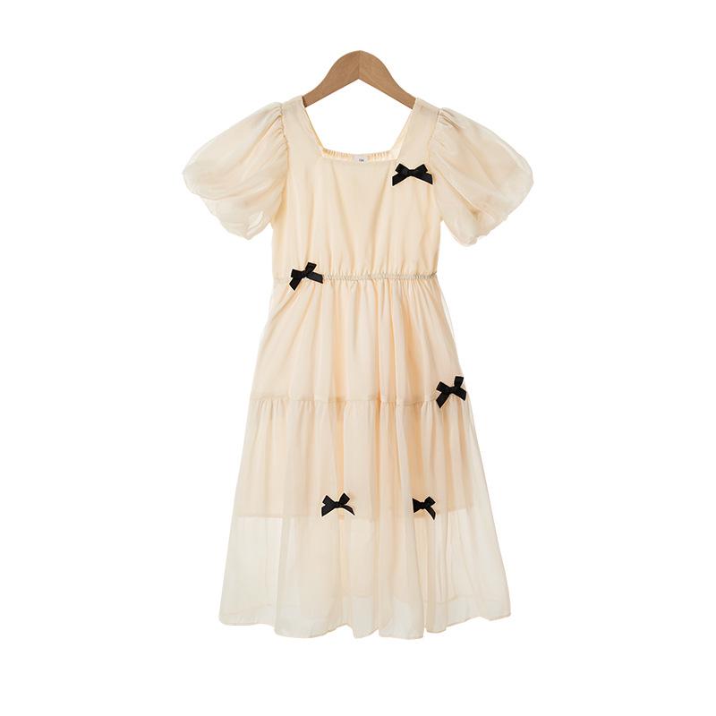 Girls' Chiffon Summer Dress, Short Bubble Sleeves, Long Korean Princess Style 2023.