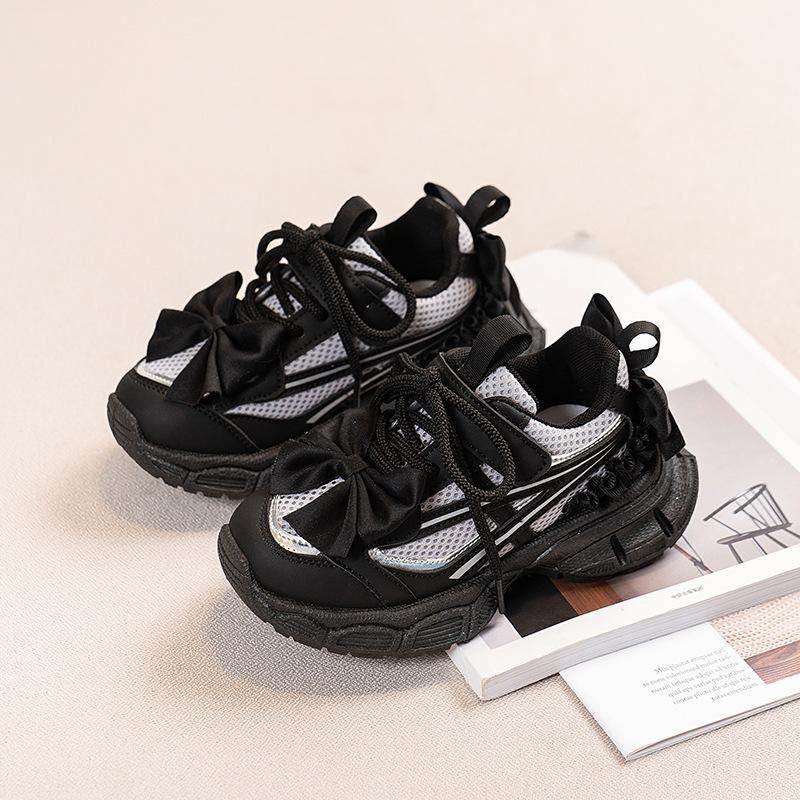 Kids Black Mesh Bow Decor Chunky Sneakers 26