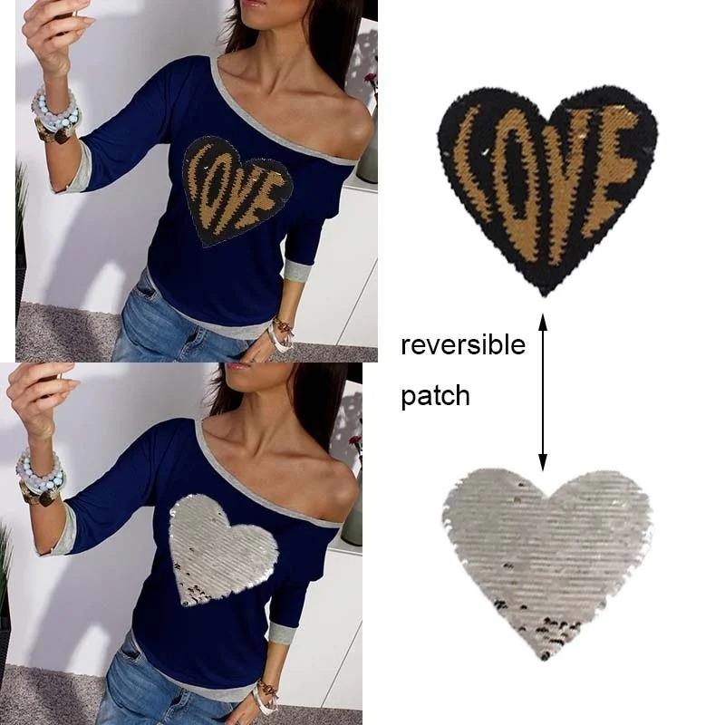 1Pc Reversible Change Color Sequins LOVE Letters Love Heart Sew on Patches for Clothes DIY Patch Applique Crafts