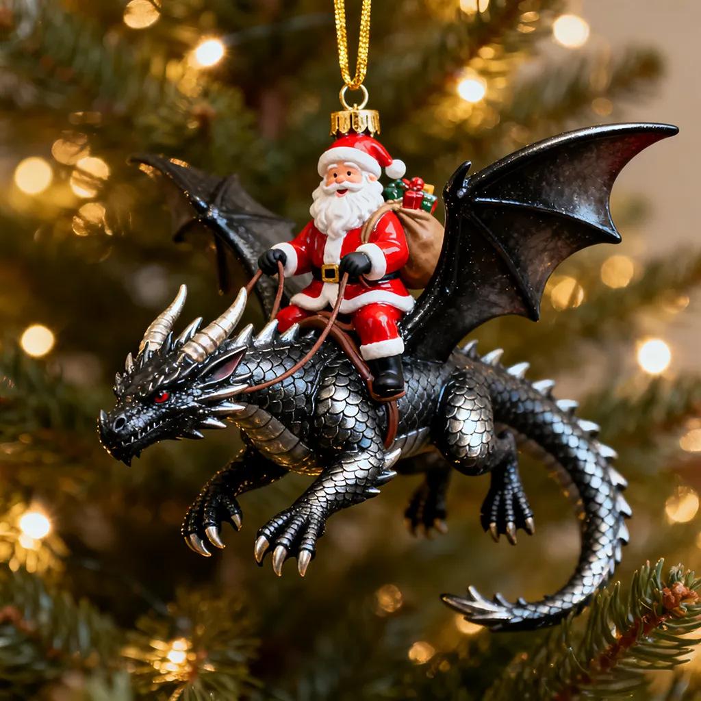 Santa Claus Riding Dragon Christmas Ornament 2D Acrylic Hanging Pendant Xmas Tree Decor Home Holiday Party Fantasy Navidad Gifts
