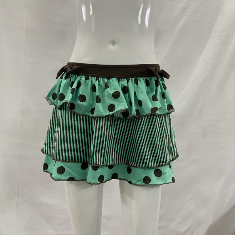 

Y2K Spring and summer polka dot printed butterfly knot embellishment decoration ruffle edge fluffy short skirt S зелёный