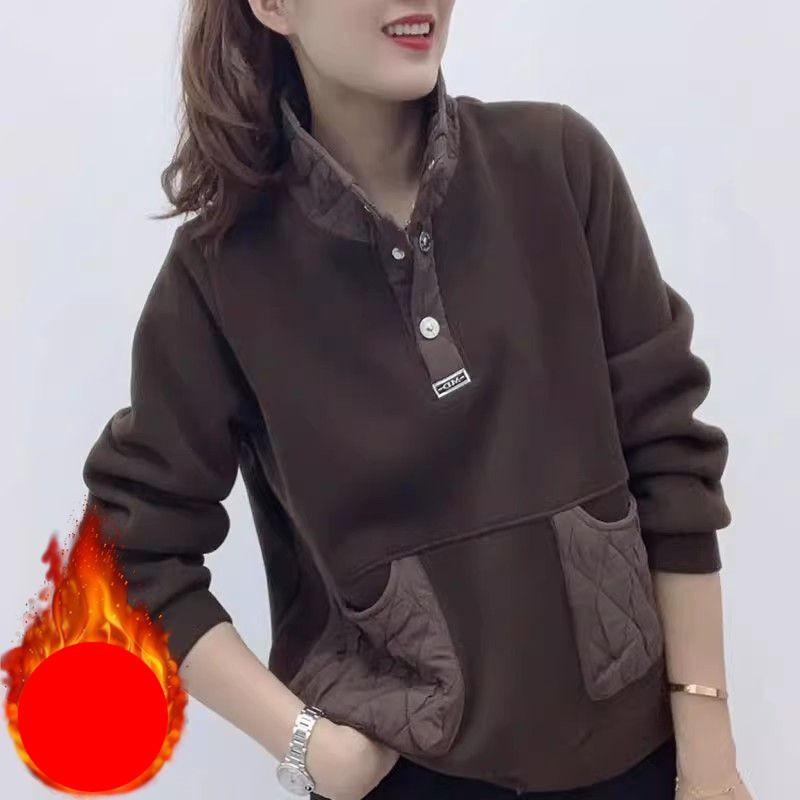 Womens Thermal Sweatshirt Stand Collar Splicing Loose Fit Long Sleeve Slim Top
