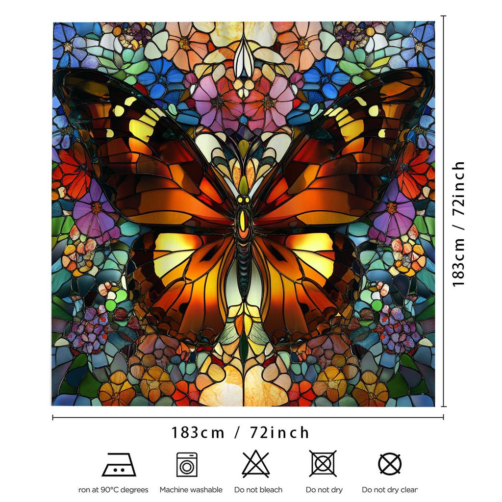 1 piece of exquisite glass enamel butterfly digital print shower curtain, machine washable, bright butterfly and floral pattern