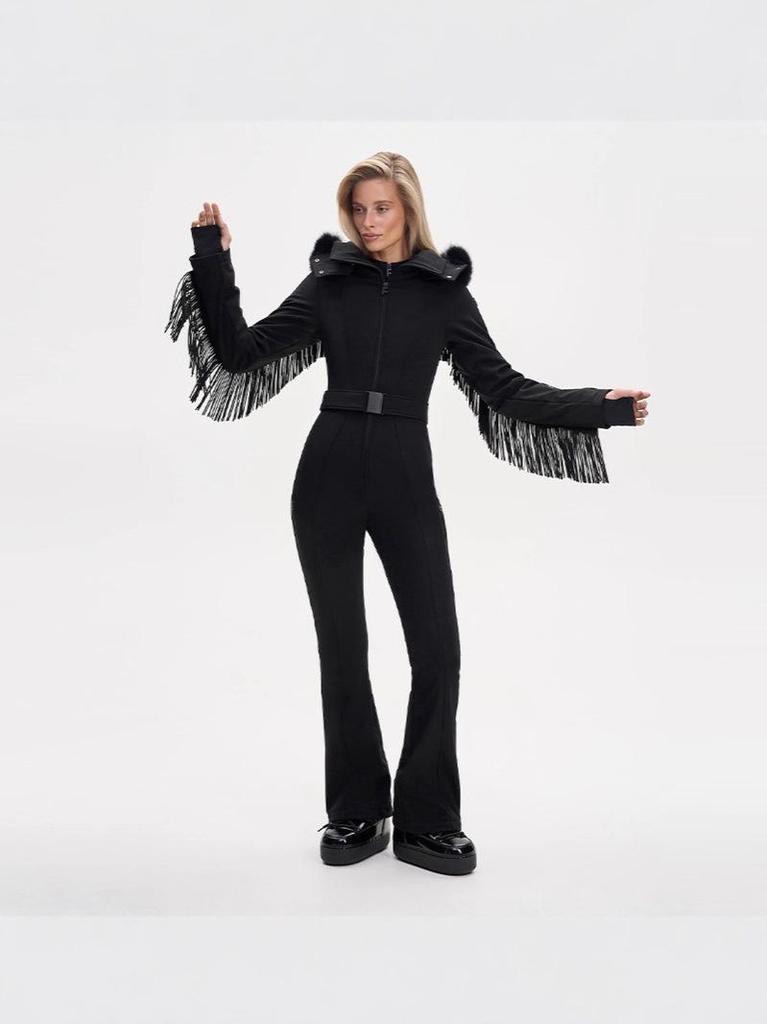 2025 Autumn/Winter Women's Tassel Hooded Ski Cotton Jacket with Belt