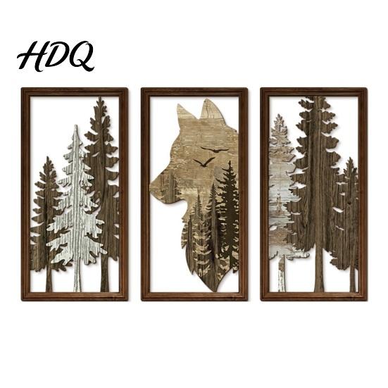 Vintage Style Wood Sculpture 3Pcs Wooden Forest Wolf Wall Decorations Decorative Hanging Ornaments Rustic Hollow Carved Pine Head Decor Tree Art for