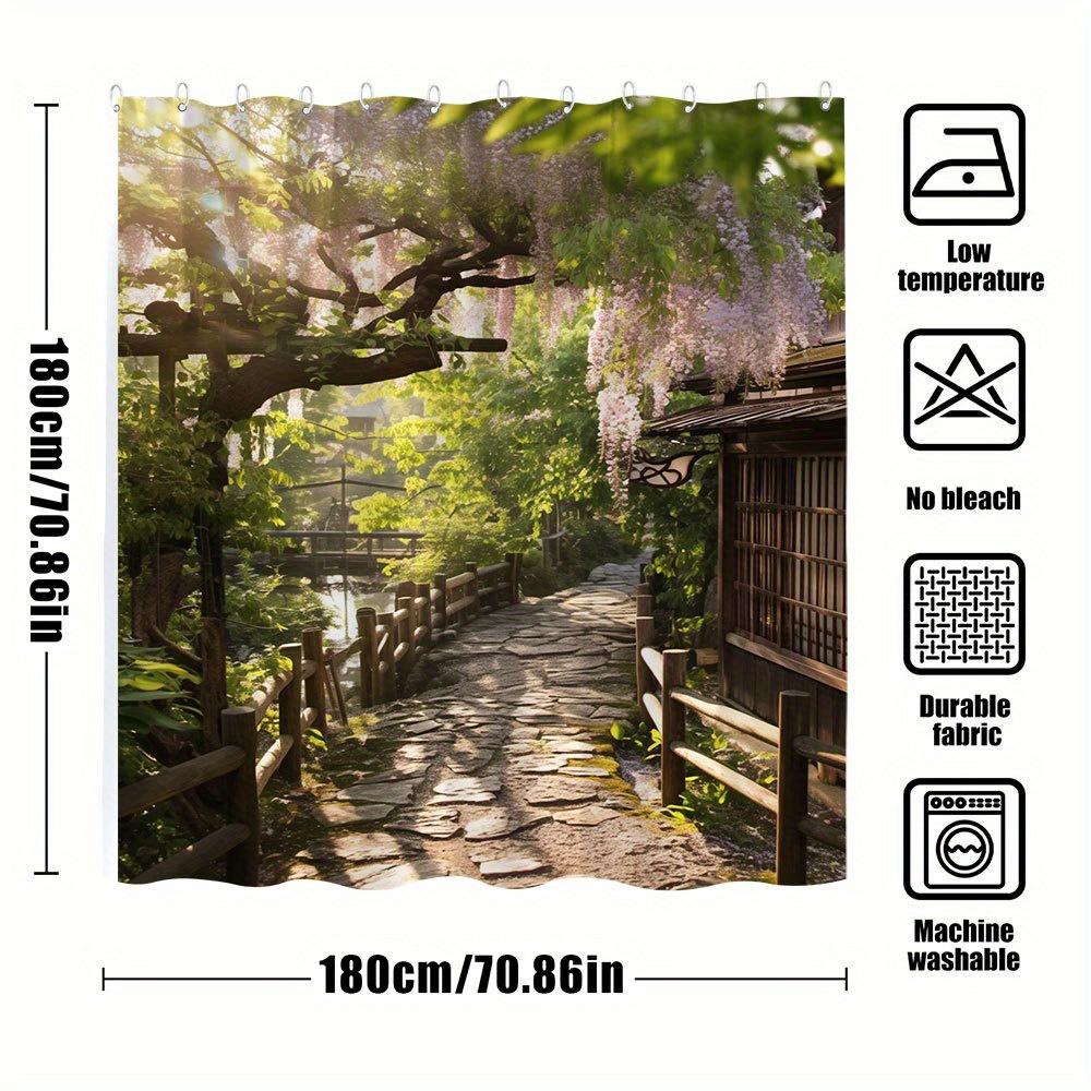 1 Stück Japanischer Garten Duschvorhang - Extra Langer Badezimmer-Fenstervorhang Mit Glyzinienblüten, Kieselsteinweg, Sonnenbeschienenes Grün